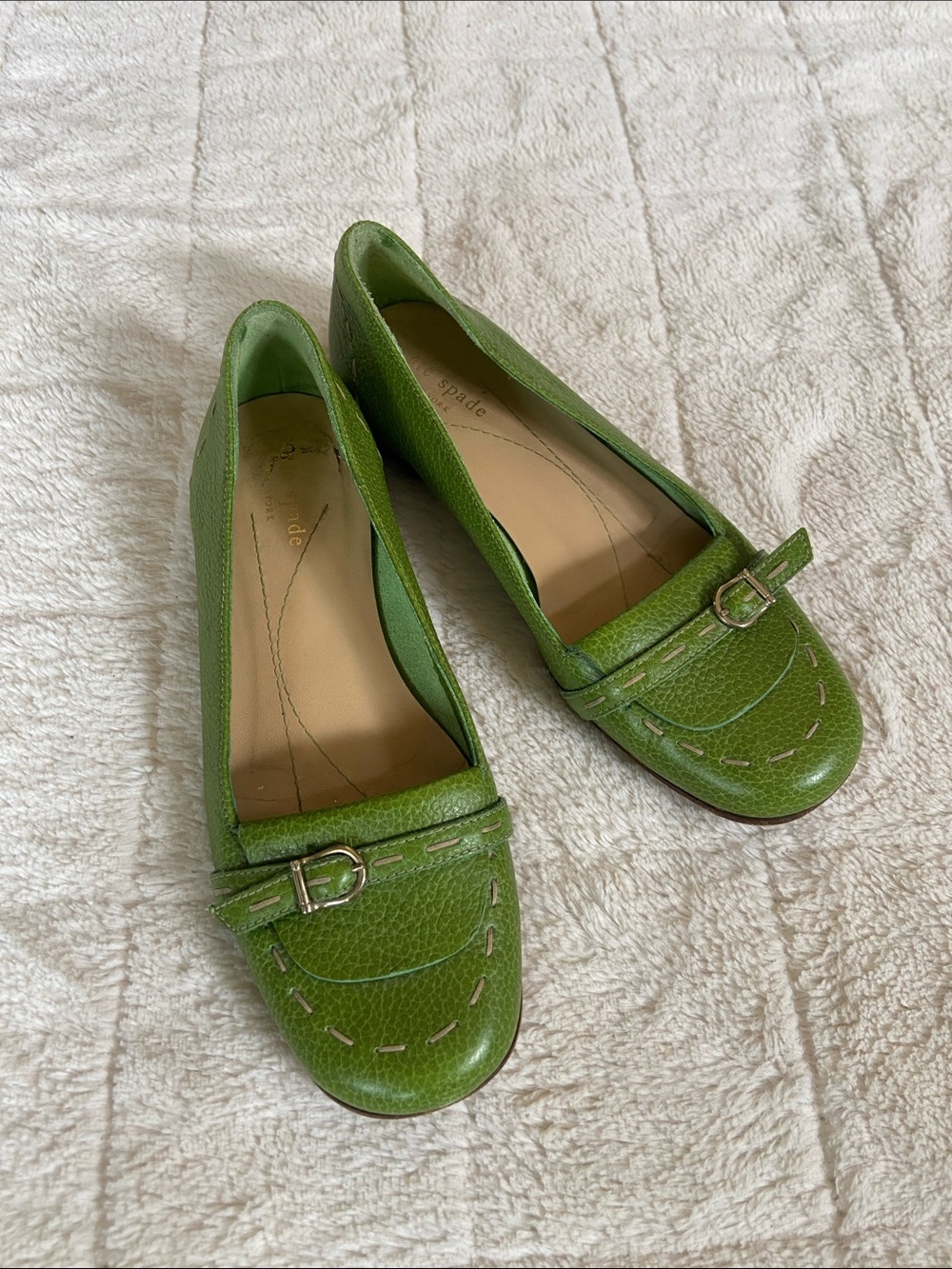 Y2K style kate spade New York Green Pebbled Leather Buckle Loafers